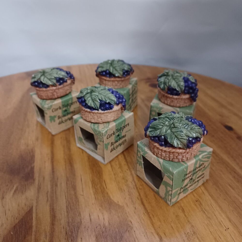 Lot of 5-Handpainted Cork Bottle Toppers Bottle Basket of Wine Grapes Ceramic